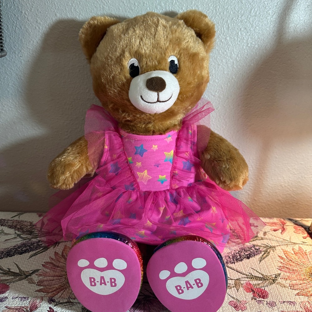 Build-A-Bear Workshop Brown Teddy Bear in Pink Star Tutu and Rainbow Shoes